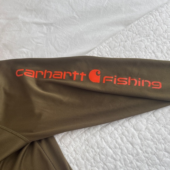 Carhartt Olive Hoodie with Vibrant Orange Sleeve Design - Picture 2 of 4